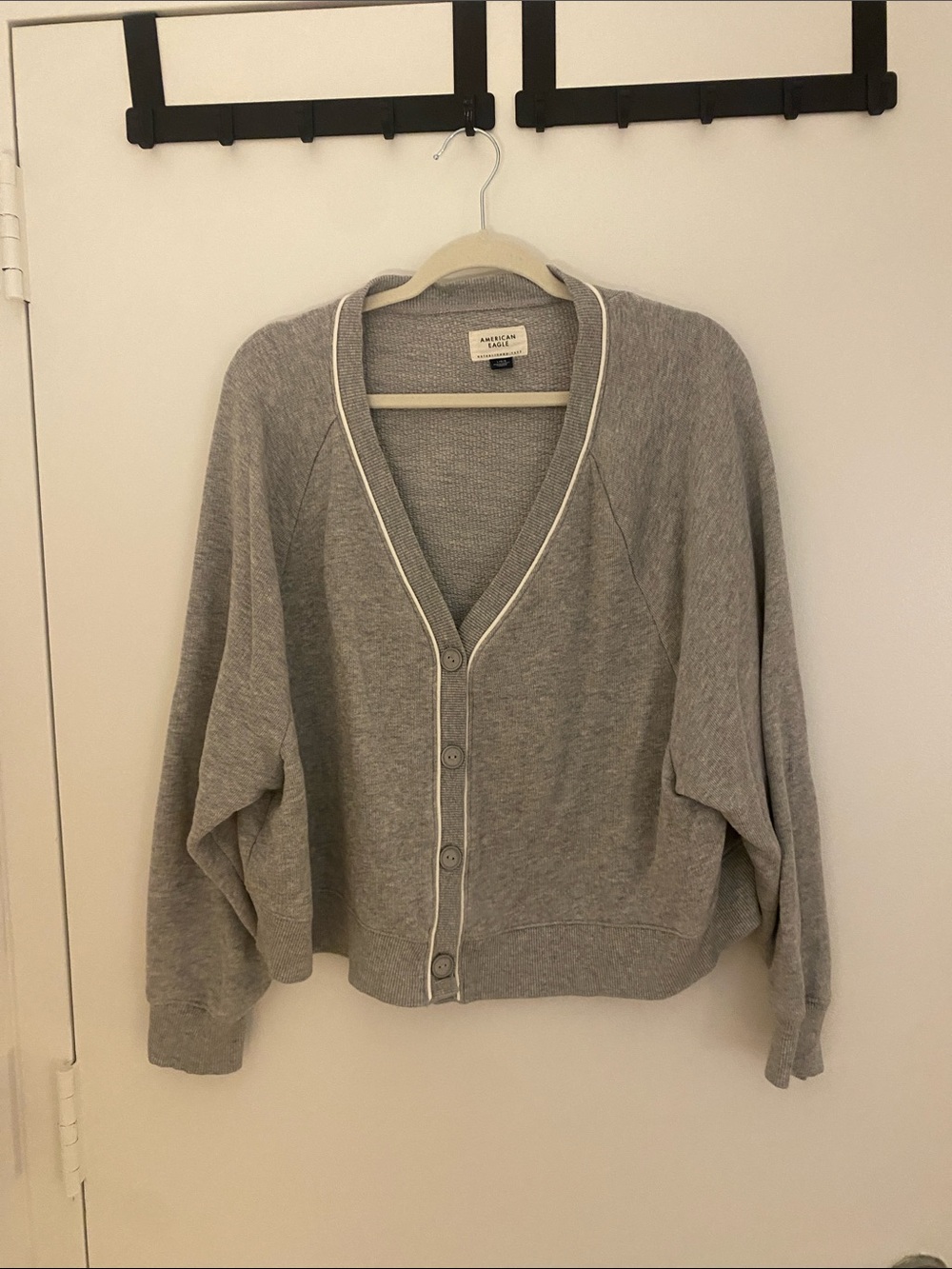 American Eagle Outfitters Light Gray V-Neck Button Cardigan with White Trim